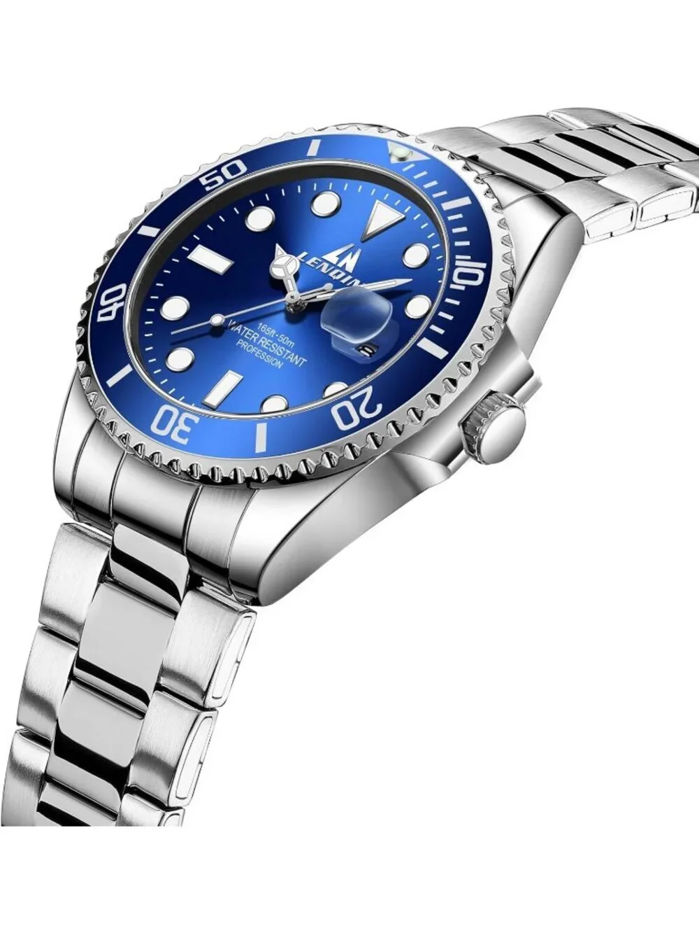 Men's Silver Blue Stainless Steel Analog Quartz Waterproof Luminous Wrist Watch
